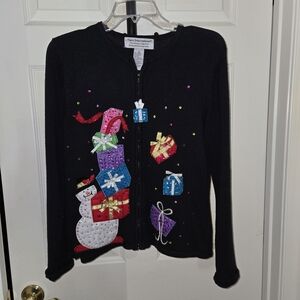 Tiara Holiday Snowman Black Zip Sweater, Size Medium